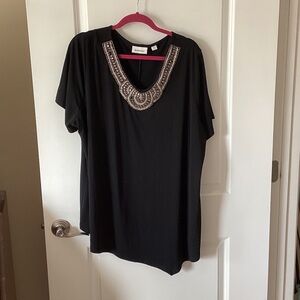 Avenue Black Short-Sleeve Top with Beaded Scoop Neck